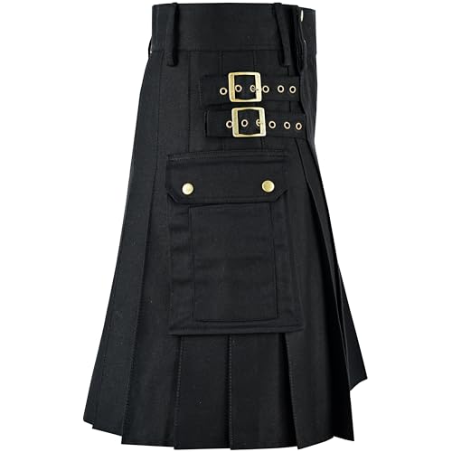 NINE AXIS Black Utility Kilt for Men Traditional Scottish Highland Wear Solid Pleated Cotton with Cargo Pockets (Black, 38)