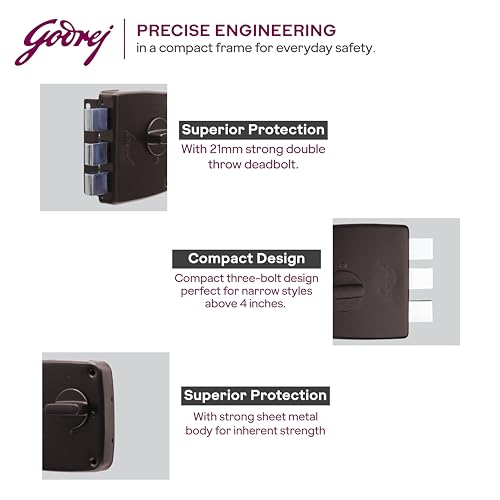 Image of Godrej Tribolt Compact 1CK DB | Triple Bolt Lock for Main Doors | 21mm Deadbolt | 60mm Backset | 3 Reversible Keys | Puller Ring Anti-Lockout | Textured Brown Finish | 5 Year Warranty