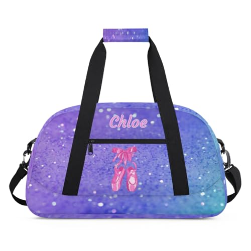 Custom Sports Ballet Dance Bag, Personalized Gym Cheerleaders Duffel Bag Travel Weekender Tote Carry-On Swimming Bag, Pink Ballet Shoes, Purple Glitters Bling
