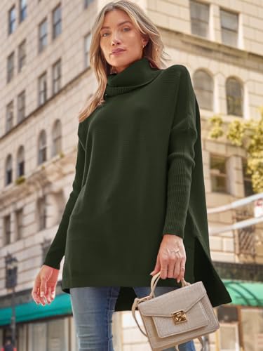 Image of LILLUSORY Women's Turtleneck Oversized Sweaters Long Batwing Sleeve Spilt Hem Tunic Pullover Knit Tops