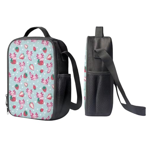 Cartoon Strawberry Axolotl Backpack for School Girls Student Durable Lightweight Comfy Padded Personalized Cute Green Backpack with Lunch Box Pencil Case Kids Teen Girls Daily Outing 17 Inch Book Bag4