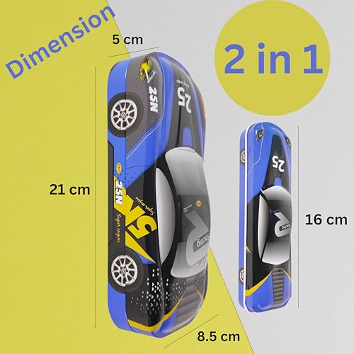 Image of ZAFCO Metal Car Pencil Box for Kids | Compass for Boys | Two in One Pen Box for Students | Car Geometry for School | Pencil Box for Boys | Birthday Return Gift 1 Unit (Blue-Twin)