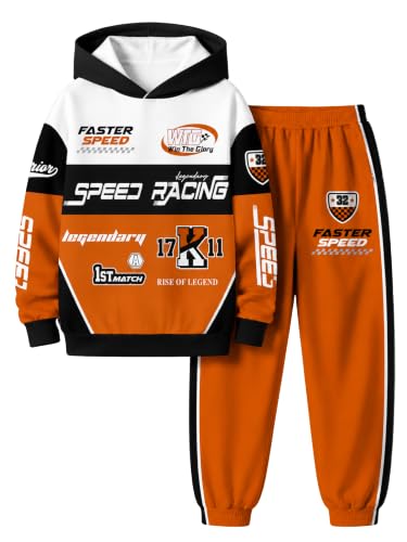 Image of Boy 2 Piece Outfits Long Sleeve Racing Hoodie Top and SweatPants Fall Winter Clothing Set Sizes 5-12 Years