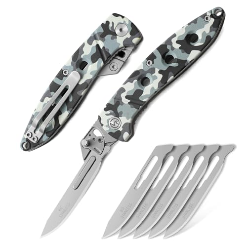 VR VIRENKNIFE Folding Scalpel Knife, Pocket Knife for Men,EDC Utility Knife with 6pcs #60 Replaceable Blades,Sharp Skinning Knives for Hunting, Fishing, Deer & Survival(Camo)