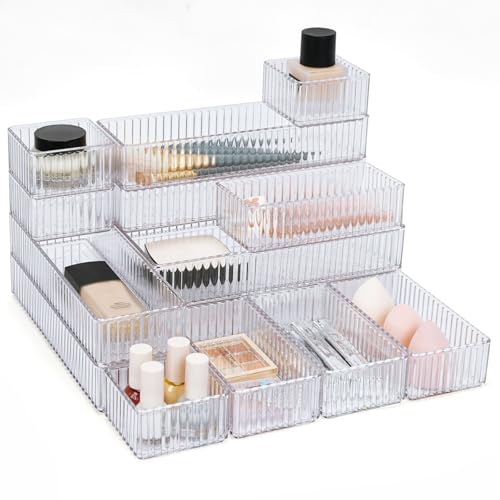 YHANEC 14 Stück Schubladen Organizer Schminktisch Organizer mit 4 Größen Schubladen Organizer aus PET Make up Ordnungssystem Drawer Organizer für Schubladen, Küchen, Badezimmer, Büro