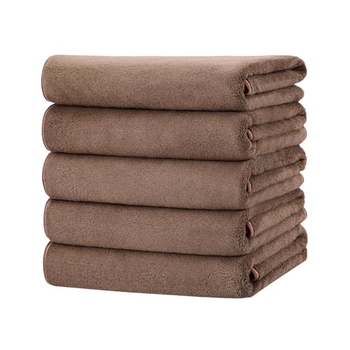 バスタオル マイクロファイバー 60X120cm 5枚セット ふわふわ 柔らかい肌触り ホテル仕様 大判 瞬間吸水 速乾 耐久性 お風呂上がり 家庭用 業務用 タオル (ブラウン)