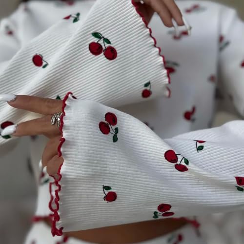 Women's Pajama Sets 2 Piece Ribbed Knit Long Sleeve Lounge Set | Ruffle Sleeve Crop Top, Cozy Ribbed Knit Long Sleeve 2 Piece Lounge Set, Wide Leg Pants, Comfy Fall Winter Loungewear - image 5
