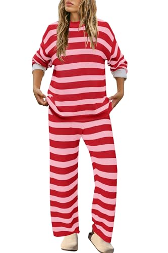 Image of SENSERISE Womens Striped Set Sweater Lounge Sets Matching Fall Outfits Long Sleeve Tops and Pants with Pockets