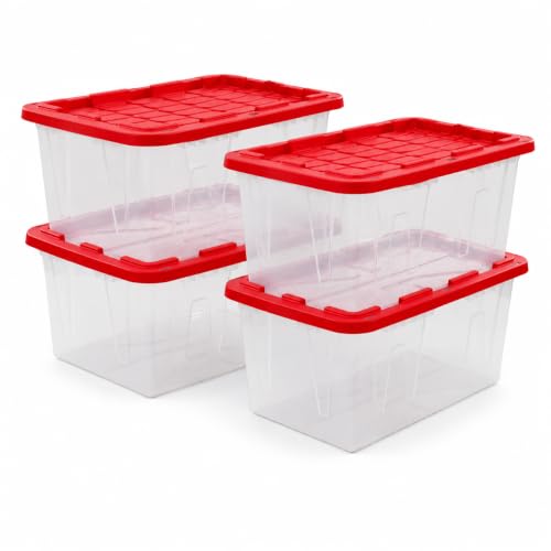Image of Storage Bins 27 Gal Clear with Red Snap Lid 4 Pack for Garage | 4-Pack 27 Gallon Clear Storage Bins - Red snap lids with 2-point closure. Built-in handles and stackable design.