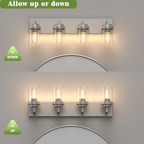 Image of Bathroom Lighting Fixtures, 4-Light Bathroom Vanity Lights Over Mirror, Brushed Nickel Vanity Light with Glass Shade, Modern Vanity Lighting Fixtures for Bathroom, Bedroom, Hallway