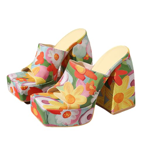Lryweisy Women's Chunky Platform Bohemian 5.3 Inch High Heels Square Open Toe Wedge Sandals Comfortable Dressy Shoes