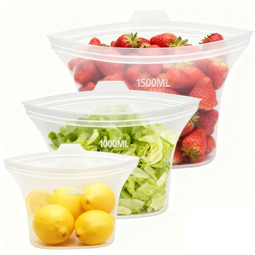 Food Grade Reusable Silicone Food Storage Bags, 3-Pack Leakproof Freezer