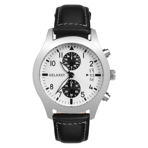 Image of GELAXSY Mens 42mm Chronograph Quartz Watch with Analogue Display Date Window and Leather Strap Water Resistant Wrist Watch for Men (White)