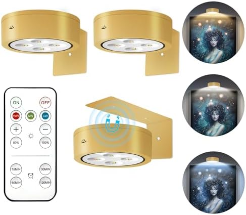 3Pcs Battery Operated Picture Light, Magnetic Led Painting Light with Remote Dimmable and Timer, 3 Lighting Modes Art Display Light for Picture Frame Paintings, Wireless Wall Decor Puck Lights, Gold