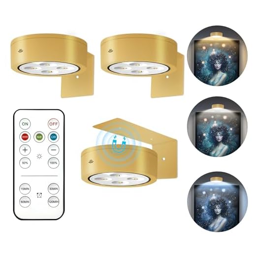 3Pcs Battery Operated Picture Light, Magnetic Led Painting Light with Remote Dimmable and Timer, 3 Lighting Modes Art Display Light for Picture Frame Paintings, Wireless Wall Decor Puck Lights, Gold