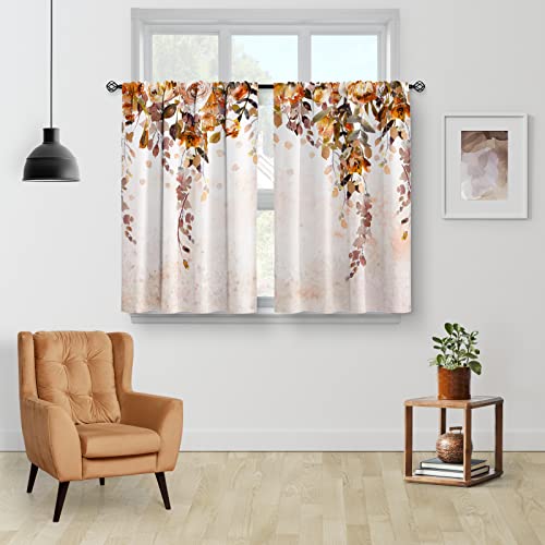 Floral Leaves Kitchen Curtains - Rustic Watercolor Art Plant Flower Botanical Country Nature Short Cafe Tier Curtains Decor For Dining Room Wildflower Rod Pocket Window Drapes 2 Panels Set 28"X36" #TOP1