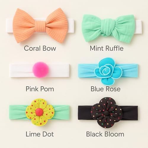 Image of BAKEFY -6 Style Combo Super Soft Stretchy Baby Girl Wide Headbands with Flower Headwraps Hair Bows Bands Accessories for Baby Girls Newborns Infants Toddlers