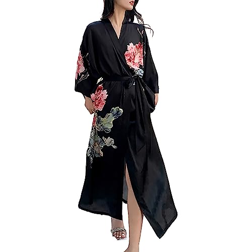 Robe de nuit en soie avec sept manches, peignoir loungewear floral pour femme
