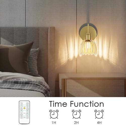 Image of 2 Pack Battery Powered Wall Sconce with Amber Tulip Glass Lampshade, Rechargeable Dimmable LED Wall Sconce for Living Room, Hallway, Bedroom, Dining Room