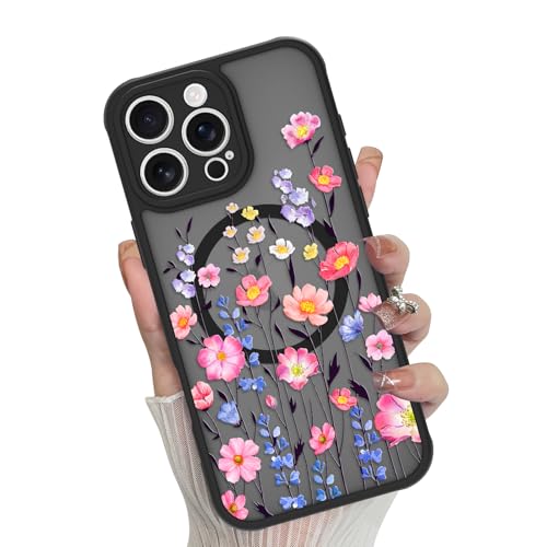 Coque iPhone 16 Pro MagSafe noire au motif floral rose violet et dos rigide mat