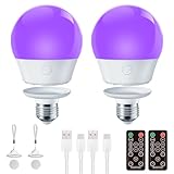 Brightown E26 Rechargeable UV Light Bulbs with Remote and Timer, 120V E26 Base UVA Level 385-400nm, Glow in The Dark for Blacklight Party, Body Pain, Halloween, Purple + UV Purple Mode, 2 Pack
