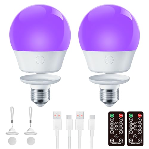 Brightown E26 Rechargeable UV Light Bulbs with Remote and Timer, 120V E26 Base UVA Level 385-400nm, Glow in The Dark for Blacklight Party, Body Pain, Halloween, Purple + UV Purple Mode, 2 Pack