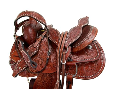 Western Horse Saddle Barrel Racing Pleasure Ride Trail Horse Tooled Leather Rodeo Cowboy Saddles 15 16 17 18 (18 Inch Fully Tooled Brown Seat)