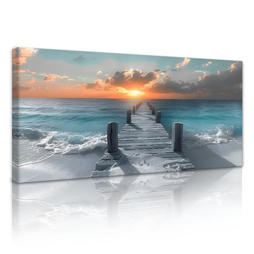 Yatsen Bridge Modern Beach Sunset Canvas Wall Art, Coastal Ocean