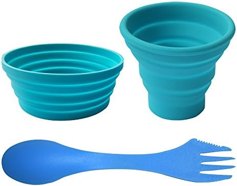 Ecoart Silicone Collapsible Bowl Cup Set with Spork for Outdoor Camping Hiking Travel, Blue - Set of 3