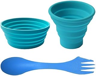 Ecoart Silicone Collapsible Bowl Cup Set with Spork for Outdoor Camping Hiking Travel, Blue - Set of 3