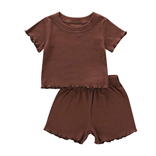 Image of Toddler Girl Clothes Summer Outfit Short Sleeve Shorts Set 12M-5T | Soft ribbed knit toddler girl outfit with breathable fabric, ruffle top, comfy shorts and stretchy fit for summer daily wear.