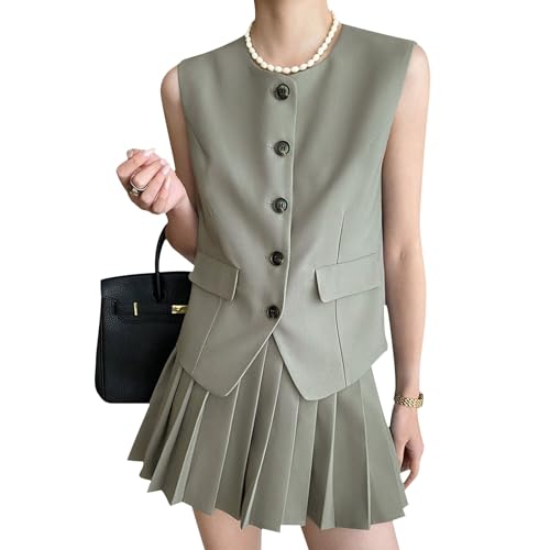 CHICWISH Women Summer 2 Piece Outfits Button Down V Neck Sleeveless Vest Blazer Waistcoat and Pleated Mini Dress Set2