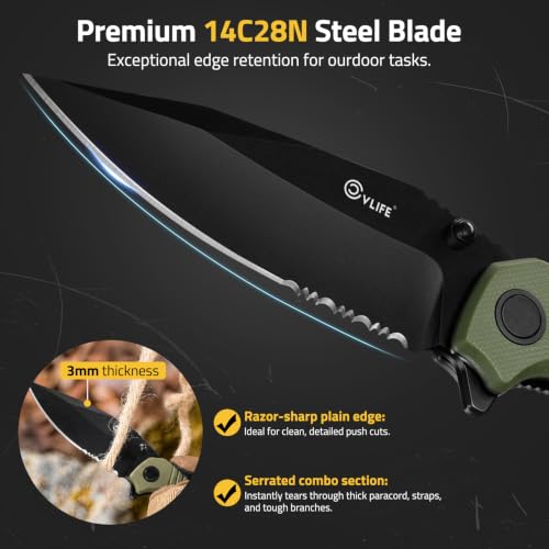 CVLIFE Folding Serrated Pocket Knife, 3.26" 14C28N Steel Blade, OD Green - image 2