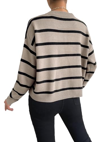 GORGLITTER Women's Striped Drop Shoulder Sweater Oversized Crew Neck Knit Sweaters Pullover Top2