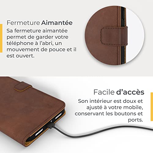 Coque portefeuille iPhone 14 Pro Max en cuir véritable marron d'exception