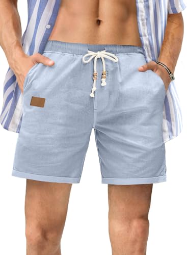 JMIERR Men's Casual Cotton Linen Shorts - Drawstring Summer Beach Stretch Golf Dress Shorts with Pockets for Men Elastic Waist,L,B Light Blue