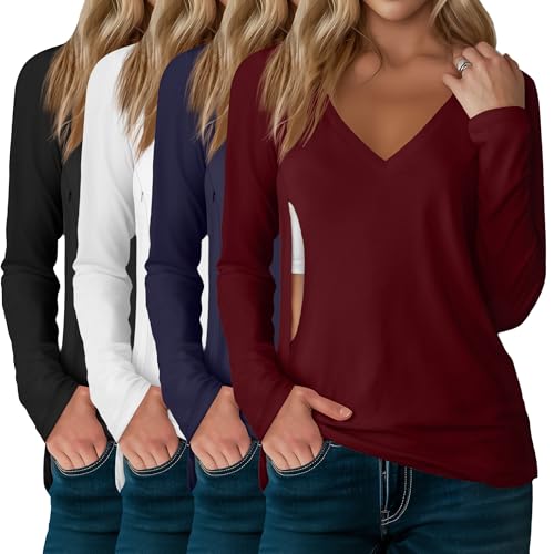 Image of Sweetyweee 4 Pack Women's Long Sleeve Nursing Shirts with Hidden Zipper V Neck Breastfeeding Clothes Maternity Loose Fit Tops