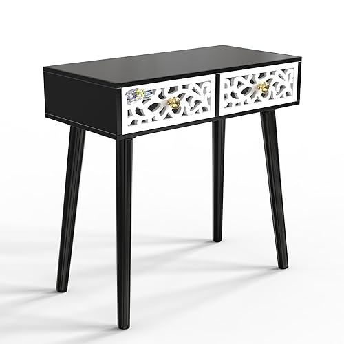 Image of Bed Side Table with 2-Drawer Nightstand, Carved Drawer Design Accent or End Table with Storage with Carving Design (Black & White) Engineered Wood