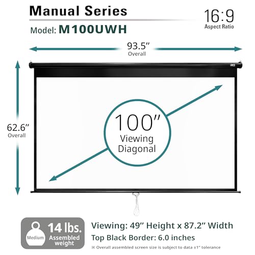 Image of Elite Screens Manual Series, 100-INCH 16:9, Pull Down Manual Projector Screen with AUTO LOCK, Movie Home Theater 8K / 4K Ultra HD 3D Ready, 2-YEAR WARRANTY, M100UWH, 16:9, Black