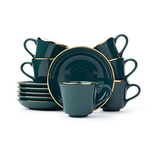 Shay Ceramic Tea Cup Saucer Set, Set of 6, Teal Green with Real Gold Line, 180ml | Cup Set of 6 for Tea | Glossy Finish (Cup Saucer - Teal Gold Line)