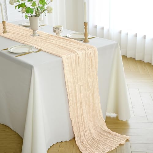 10FT Cheesecloth Table Runner Gauze Boho Rustic Table Runner 35x120 Inch Long Table Runner for Wedding Baby Shower Bridal Shower Decoration Home Decorations(Beige)