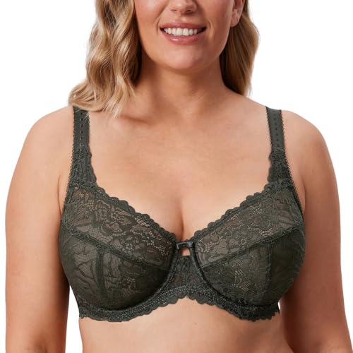 Delimira Women's Plus Size Bra Full Coverage Minimiser Non Padded Lace Underwired Bras Olive Green 38J