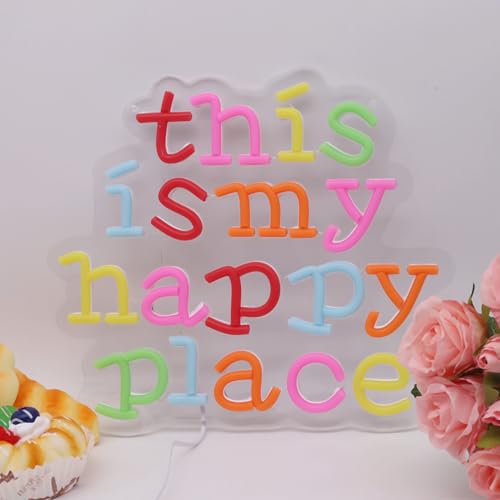 Image of This is My Happy Place Neon Sign USB Powered for Classroom Wall Decor, Neon Sign Dimmable LED Neon Light Sign for Bedroom Home Gallery Retro Positive Motivation Rainbow Home Hall Decor