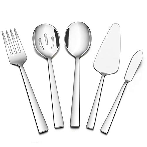 5-Piece Serving Utensils, E-Far Stainless Steel Square Edge Hostess Serving Set For Buffet Party Kitchen Restaurant, Mirror Finished & Dishwasher Safe #TOP2