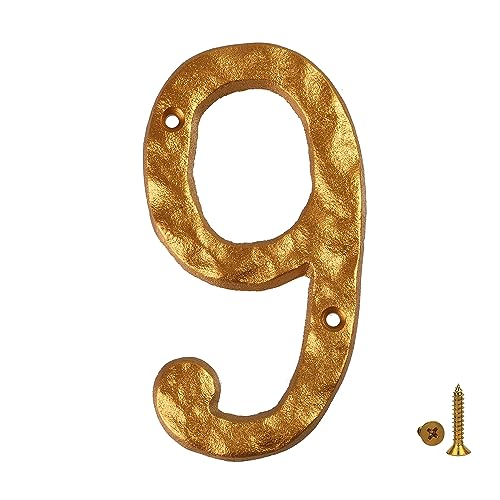 HILAZA House Number 9 for Outside, 5.5 Inch Cast Iron Metal Home House Address Numbers, Golden