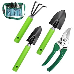 Gartengeräte Set Gartenwerkzeug, 4 in 1 Gartenwerkzeug Set mit Tasche Edelstahl Gartenschere Pflanzkelle Unkrautstecher Harke Unkrautgabel Spitzschaufel