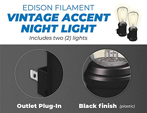 Westek LED Vintage Night Light (Matte Black), 2 Pack - Edison-Style Plug in Wall Night Light, Dusk to Dawn - Old-Fashioned Design, Decorative Night Lights - Plastic Casing, 8 Lumens