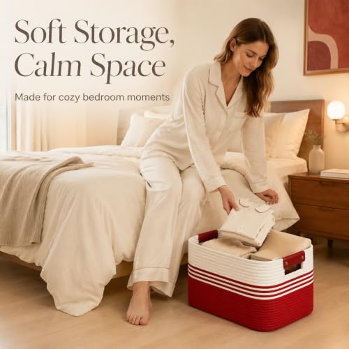 Image of 25.4GAL Collapsible Cotton Rope Extra Large Storage Basket For Bedroom Closet, Boho Rectangular Big Short Hamper Woven Storage Baskets for Living Room Throw Pillows Blankets Dirty Clothes,White Red