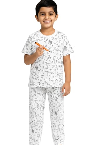 Image of Soft Lycra Reusable Kids T-Shirt & Pant Set with 10 Washable Marker Pens | DIY Coloring Clothes for Boys & Girls | Reusable Creative Pajama Gift Set(4-5 Year)