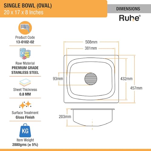 Image of Ruhe Stainless Steel Oval Bowl Kitchen Sink 20x17x8 Inches (Glossy Finish), Bright Silver